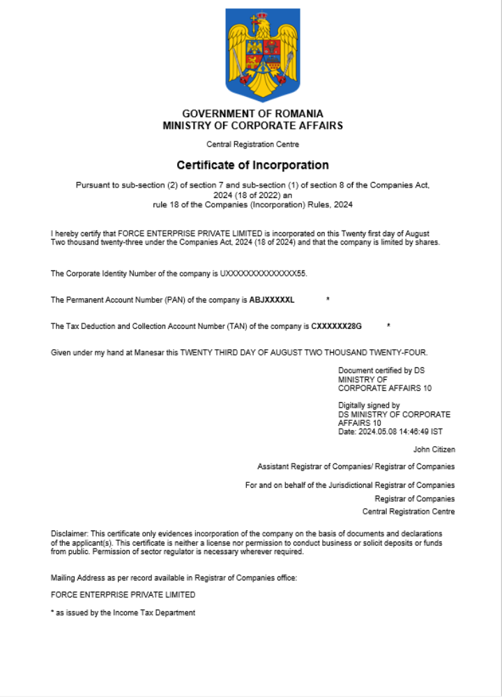 Romania business registration certificate Word and PDF template